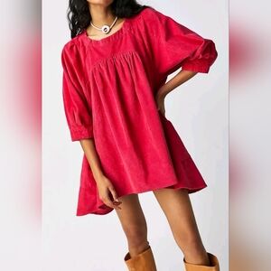 Free People Women's XS Pink Corduroy Puff Sleeve Tunic Top